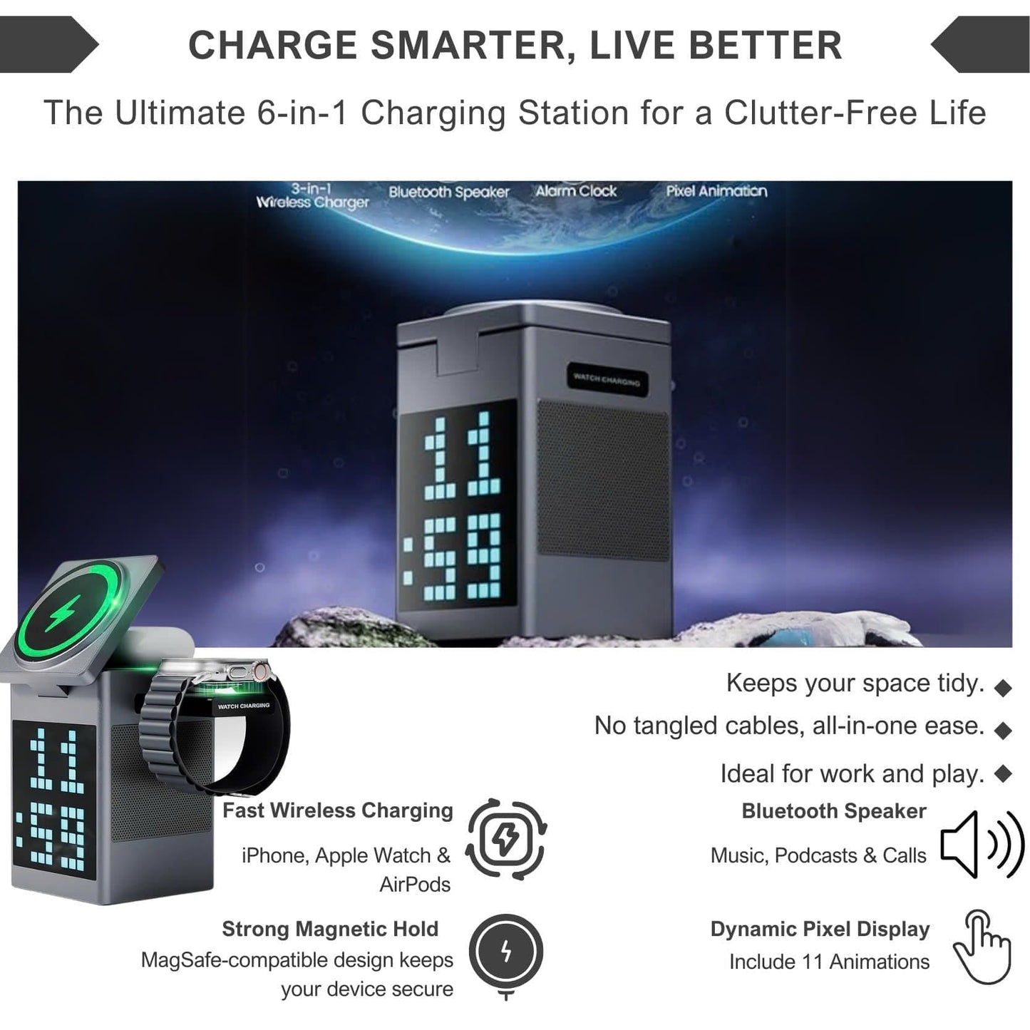 Alpohub™ 6-in-1 Magnetic Wireless Charger with Bluetooth Speaker & Alarm Clock