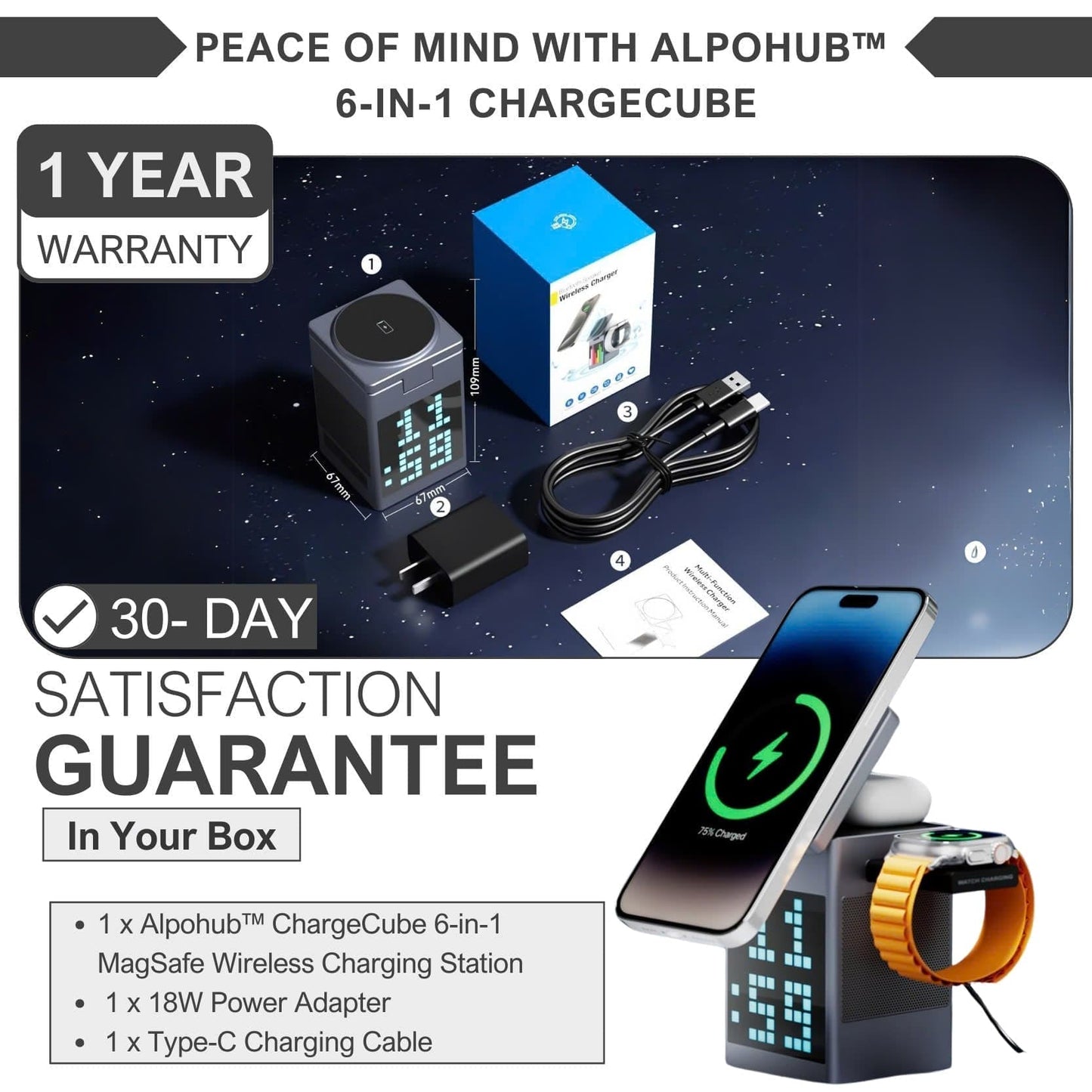Alpohub™ 6-in-1 Magnetic Wireless Charger with Bluetooth Speaker & Alarm Clock